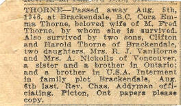 THORNE Cora Emma 1946 Obituary